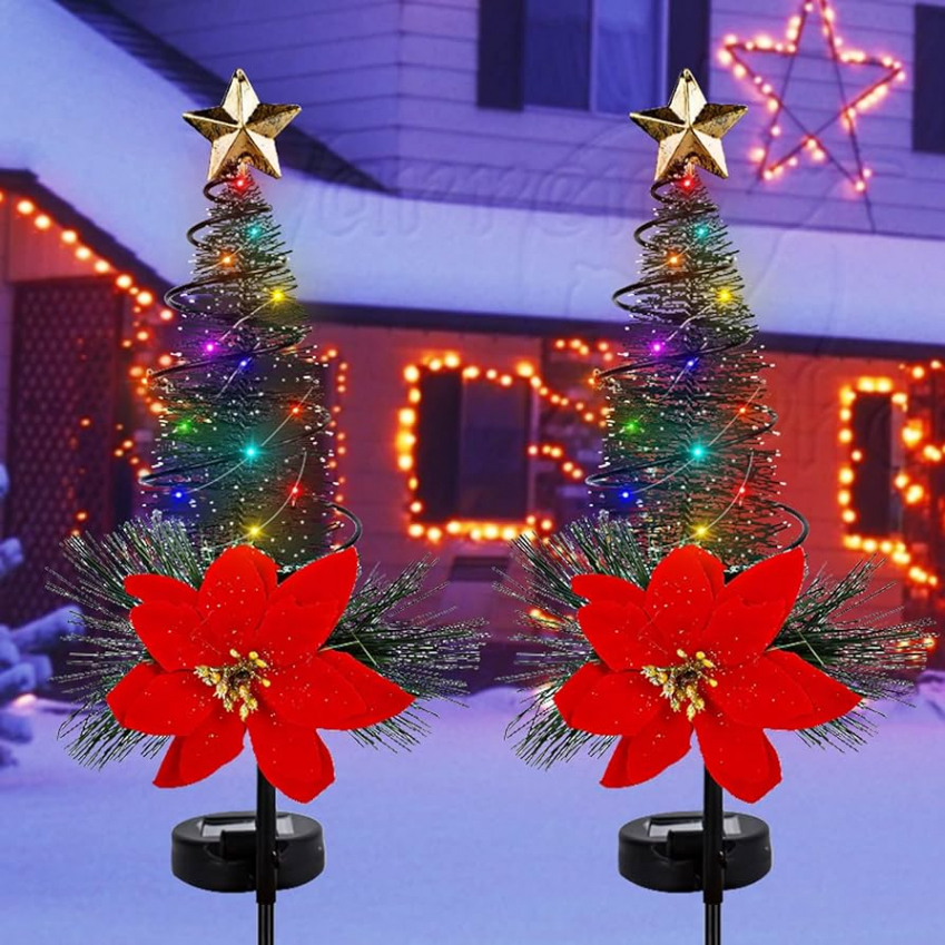 FORUP Christmas Trees Path Light, Outdoor LED Solar Powered Xmas Pathway  Lights, Metal Garden Stake Lights, Poinsettia Solar Christmas Yard