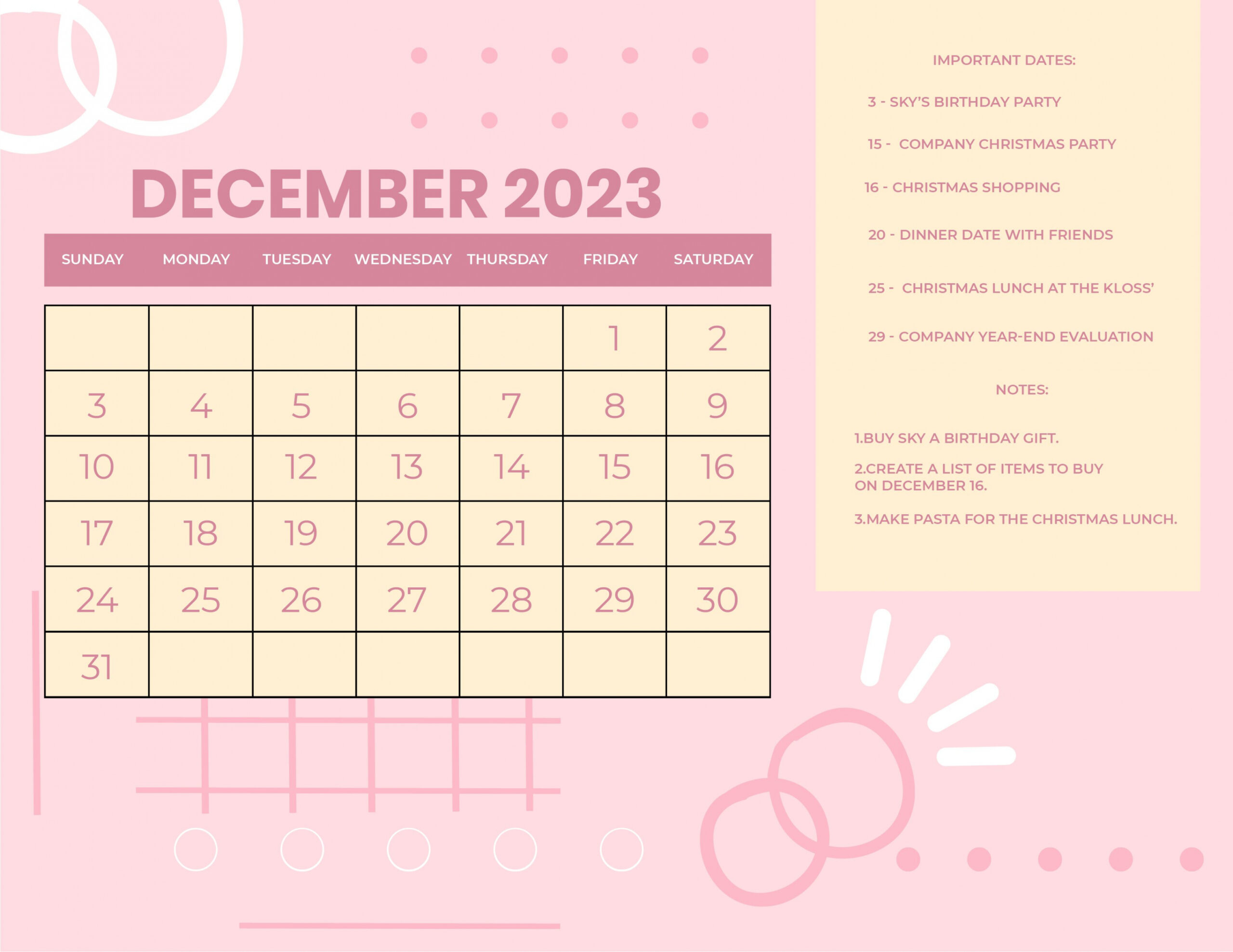 Free Pink December  Calendar - Download in Word, Google Docs