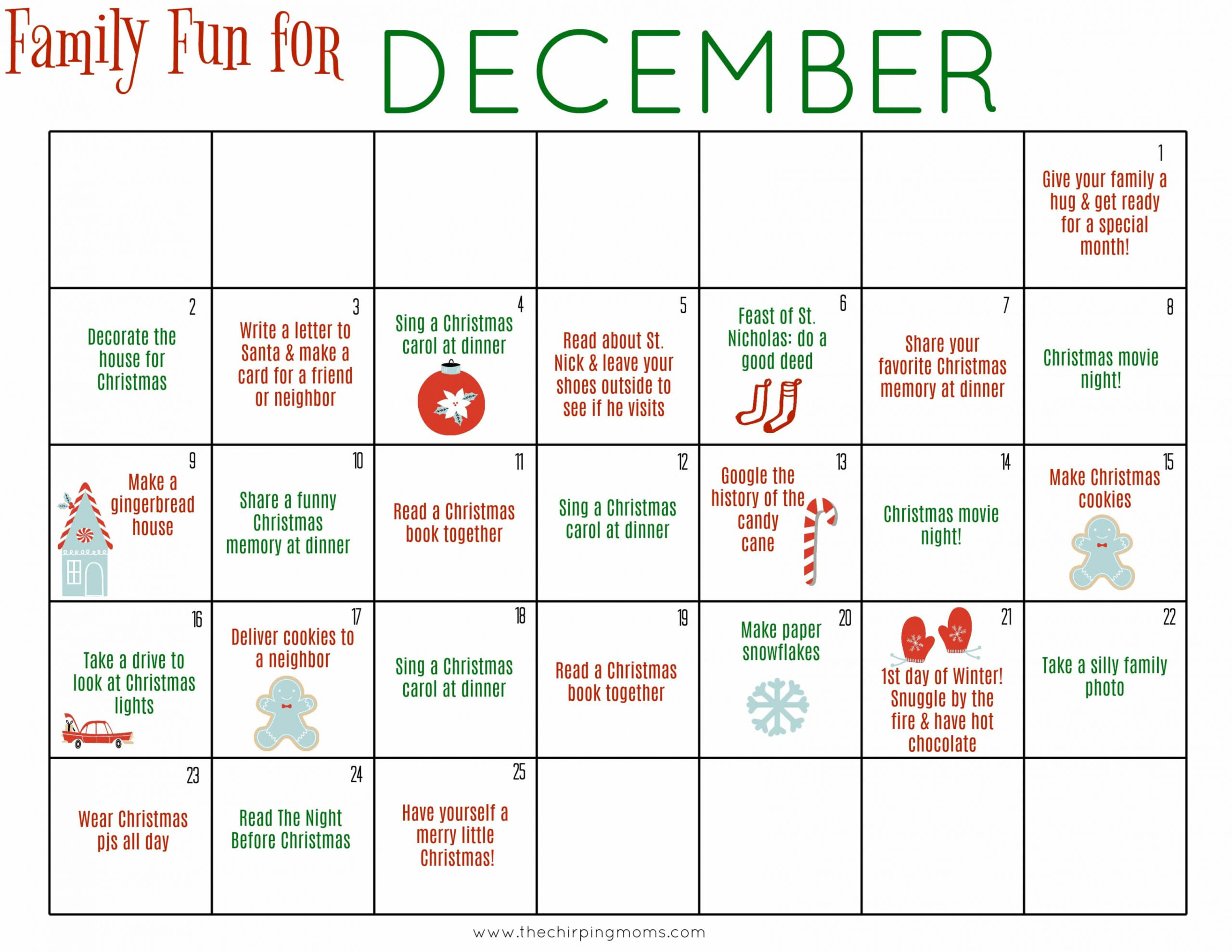 Free Printable December Family Calendar - The Chirping Moms