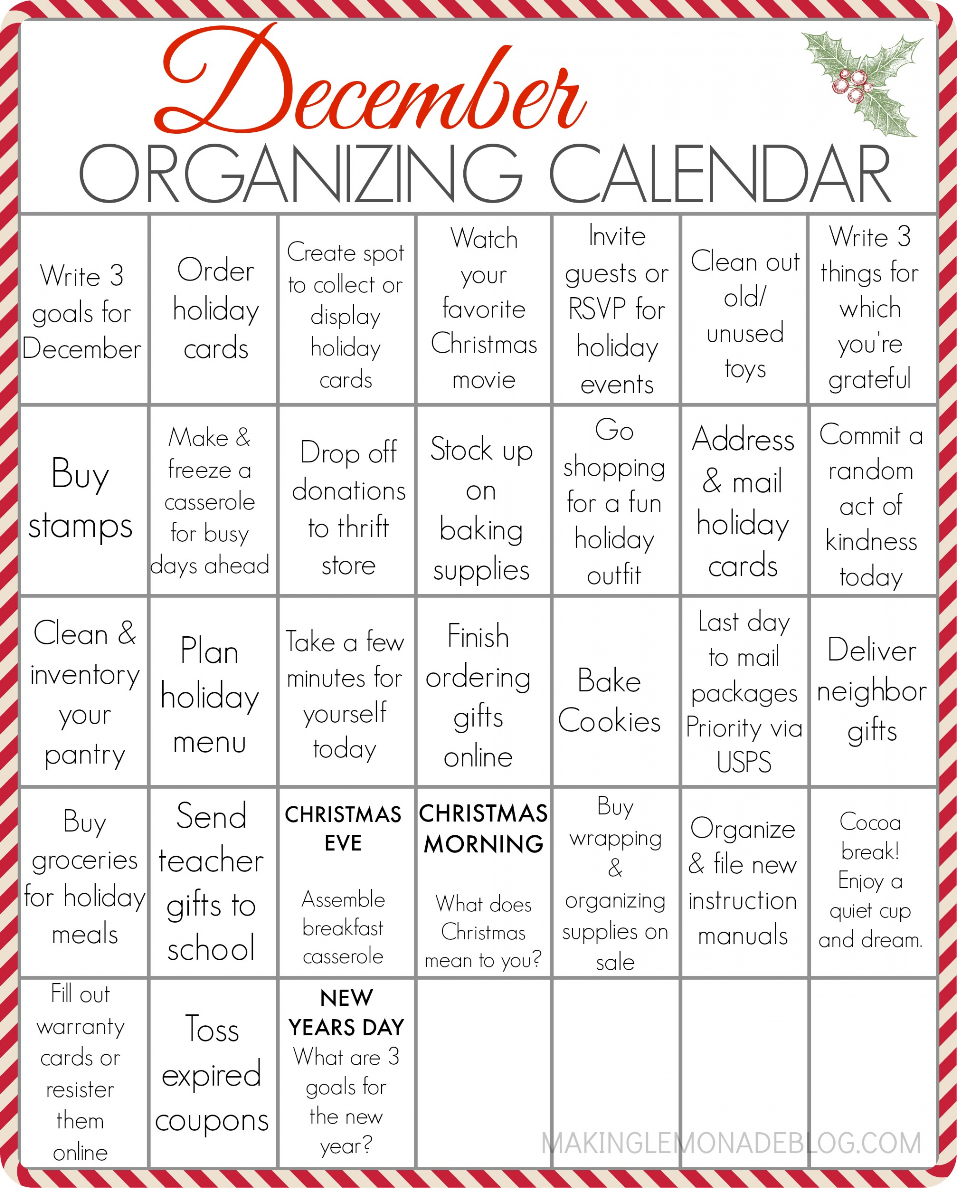 FREE PRINTABLE December Organizing Calendar  Making Lemonade