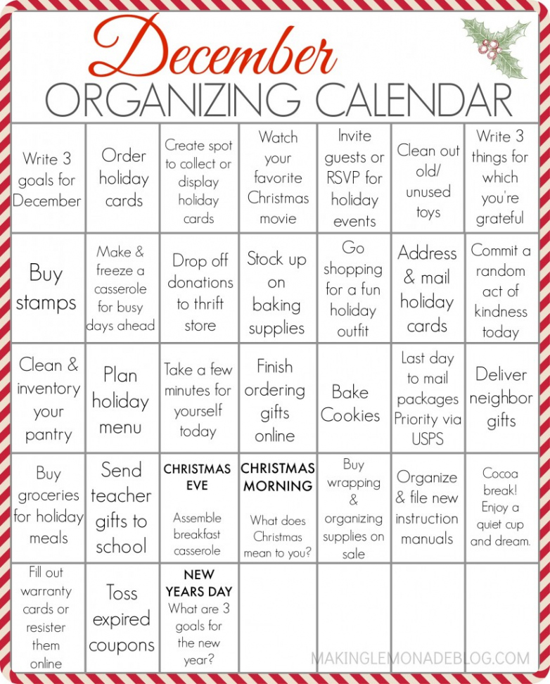 FREE PRINTABLE December Organizing Calendar  Making Lemonade