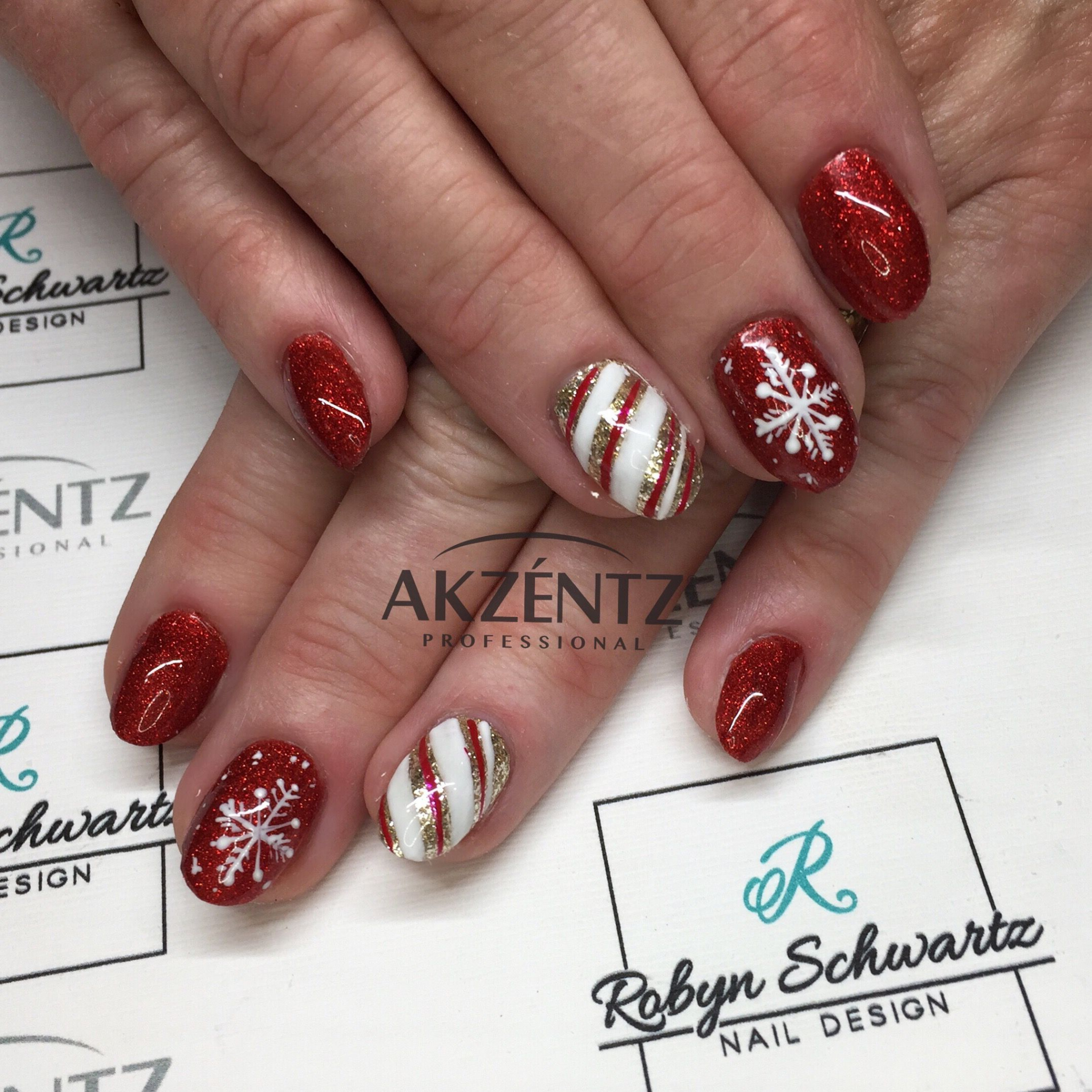 Glitter red and Christmas designs, oval gel nails  Christmas