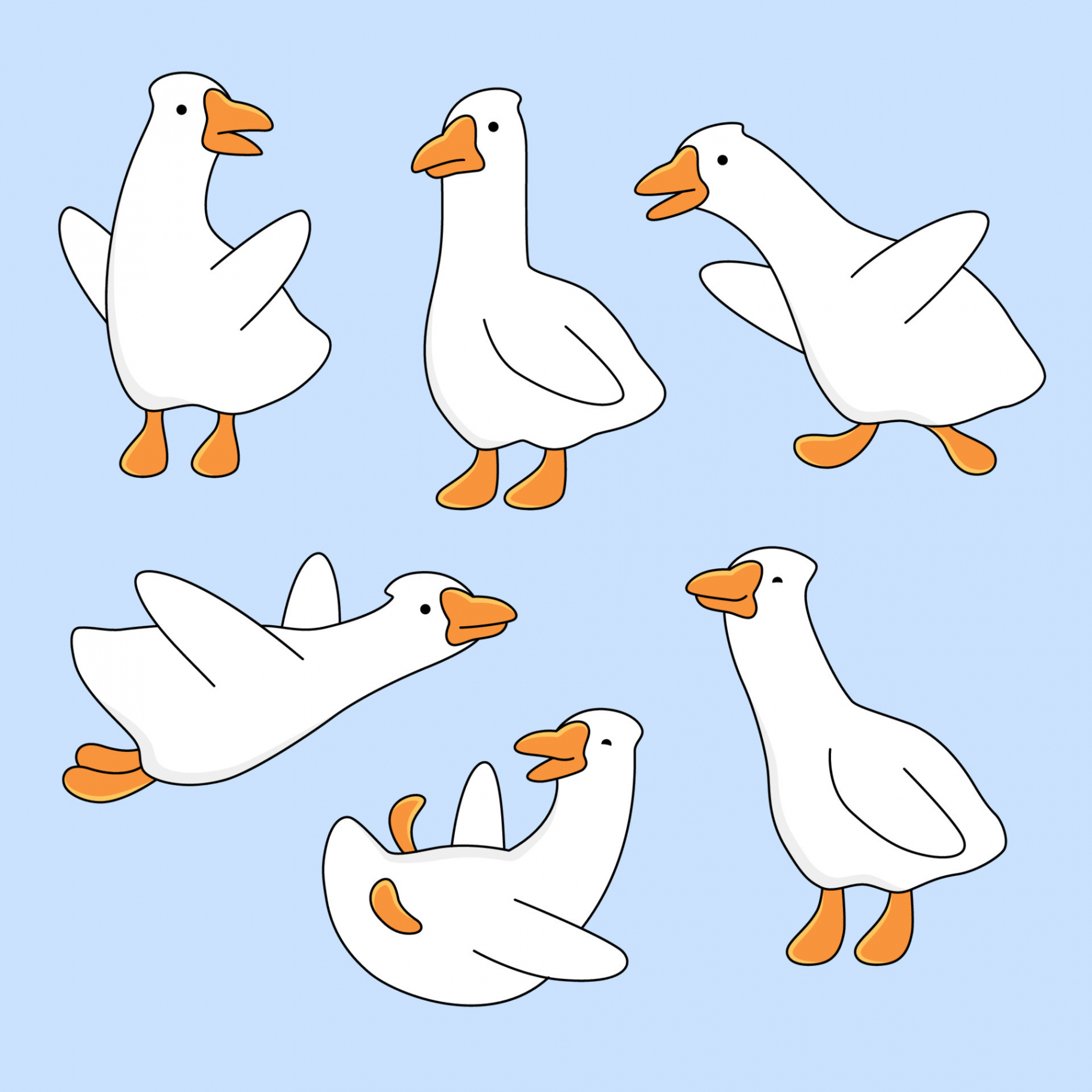 Goose, geese set of illustrations, cute cartoon drawings