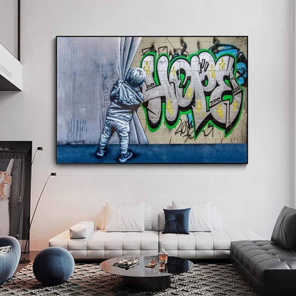 Graffiti Banksy Style Hope Boy Curtain Reveals Street Art Canvas Painting  Original Wall Modern Abstract Canvas Decor  x  cm Inner Frame