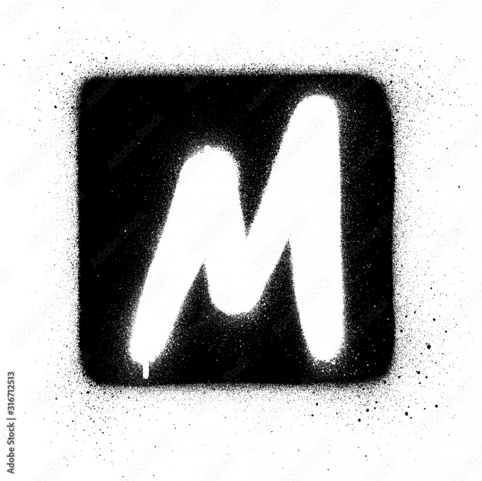 graffiti M font sprayed in white over black square Stock