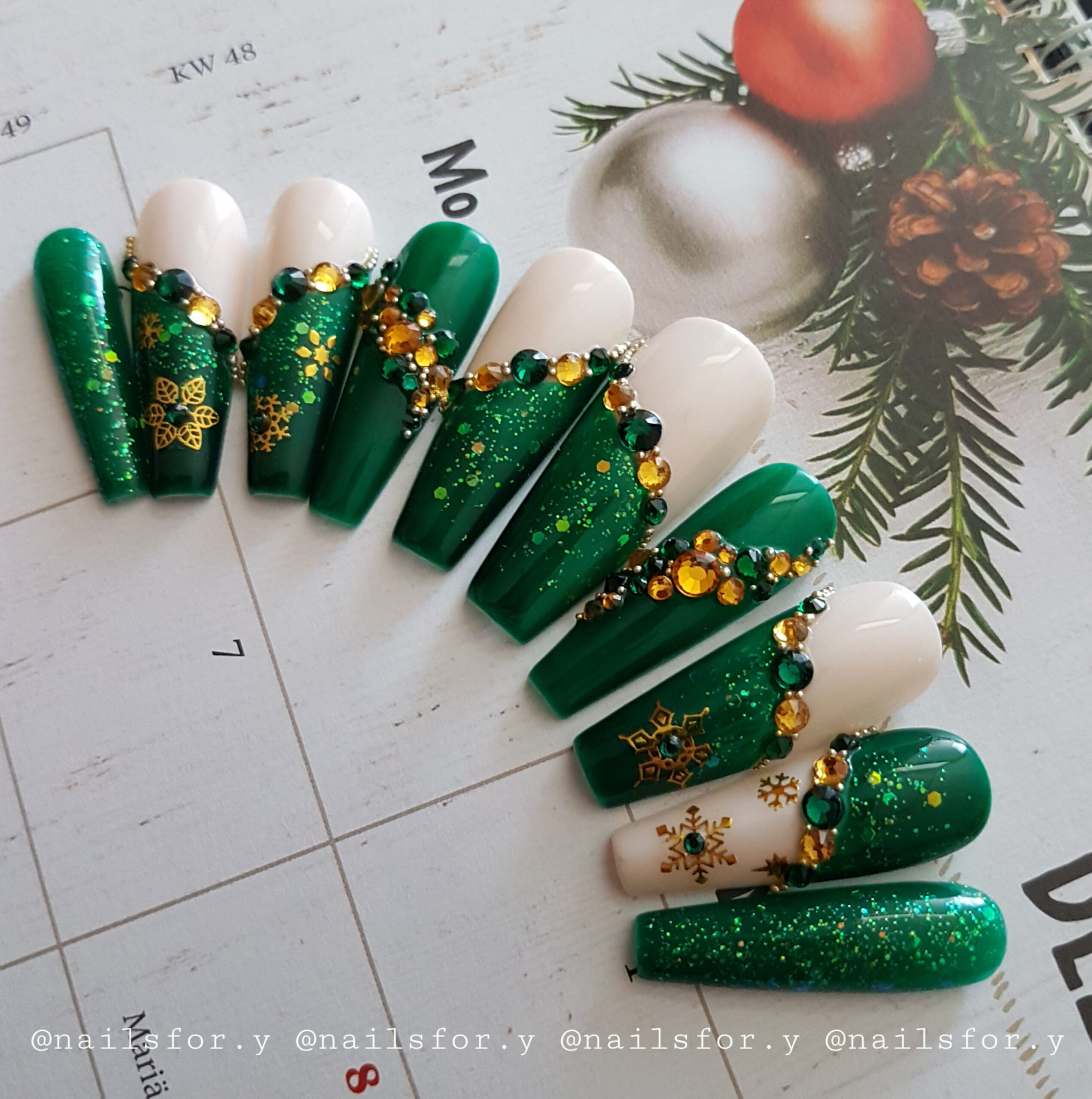 Green ivory Christmas nails with gold snowflakes crystals - Etsy