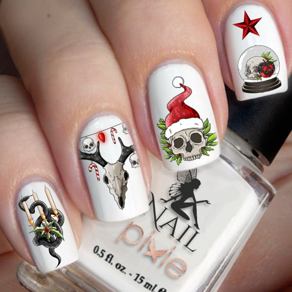 GRUSELIG WEIHNACHTEN Gothic Hirsch Schädel Xmas Hexe Nail Art Wasser  Transfer Aufkleber Aufkleber Xmas Tattoo