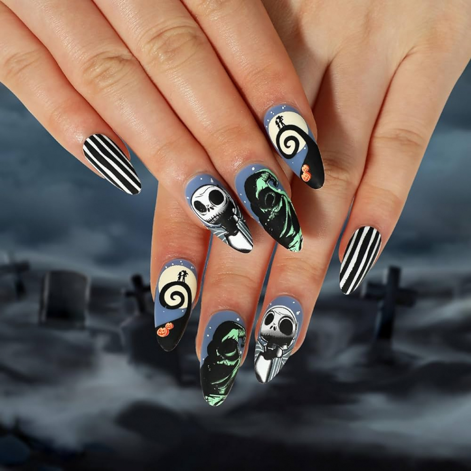 Halloween Press on Nails Medium Almond Nightmare Before Christmas Nails,  Blue Acrylic Full Cover Halloween False Nails with Designs, Reusable Stick  on