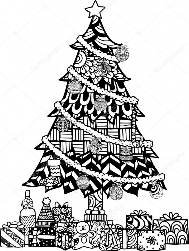 Hand drawn Christmas tree zentangle style with Christmas balls and