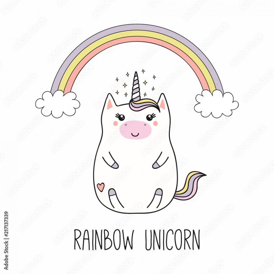 Hand drawn vector illustration of a kawaii funny fat unicorn, with