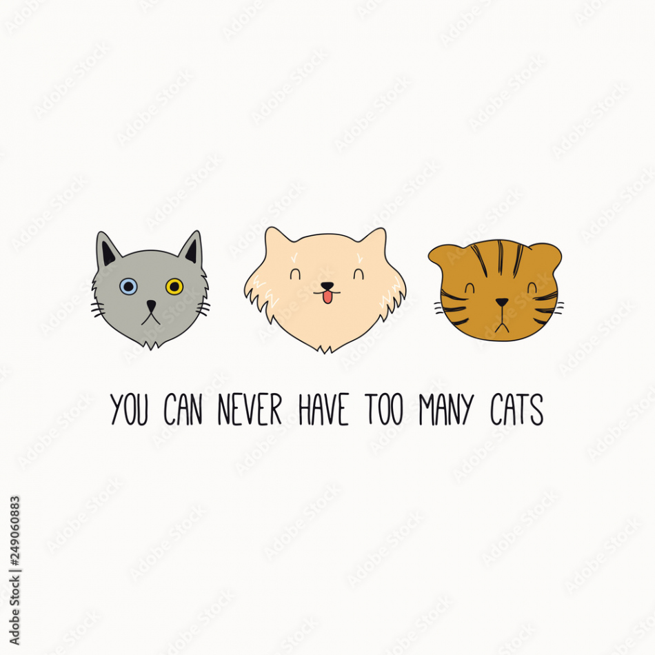 Hand drawn vector illustration of cute funny cat faces, with quote