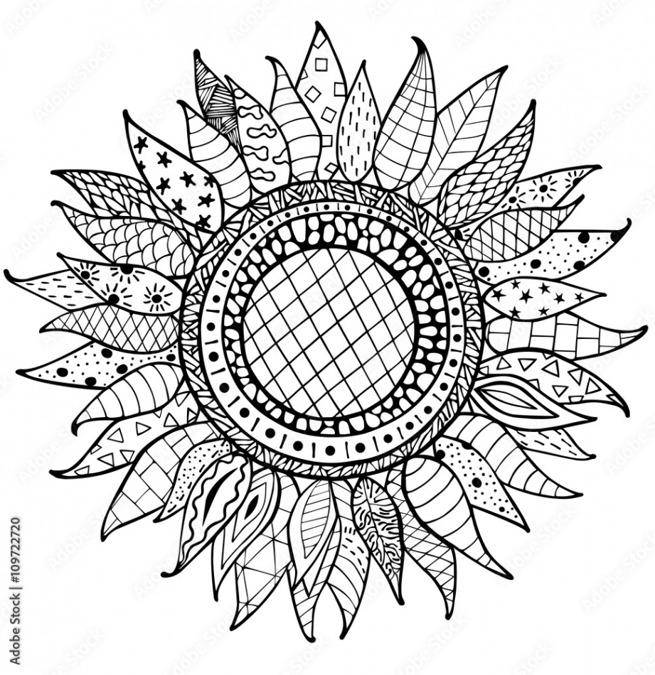 Hand drawn zentangle sunflower ornaments for antistress coloring