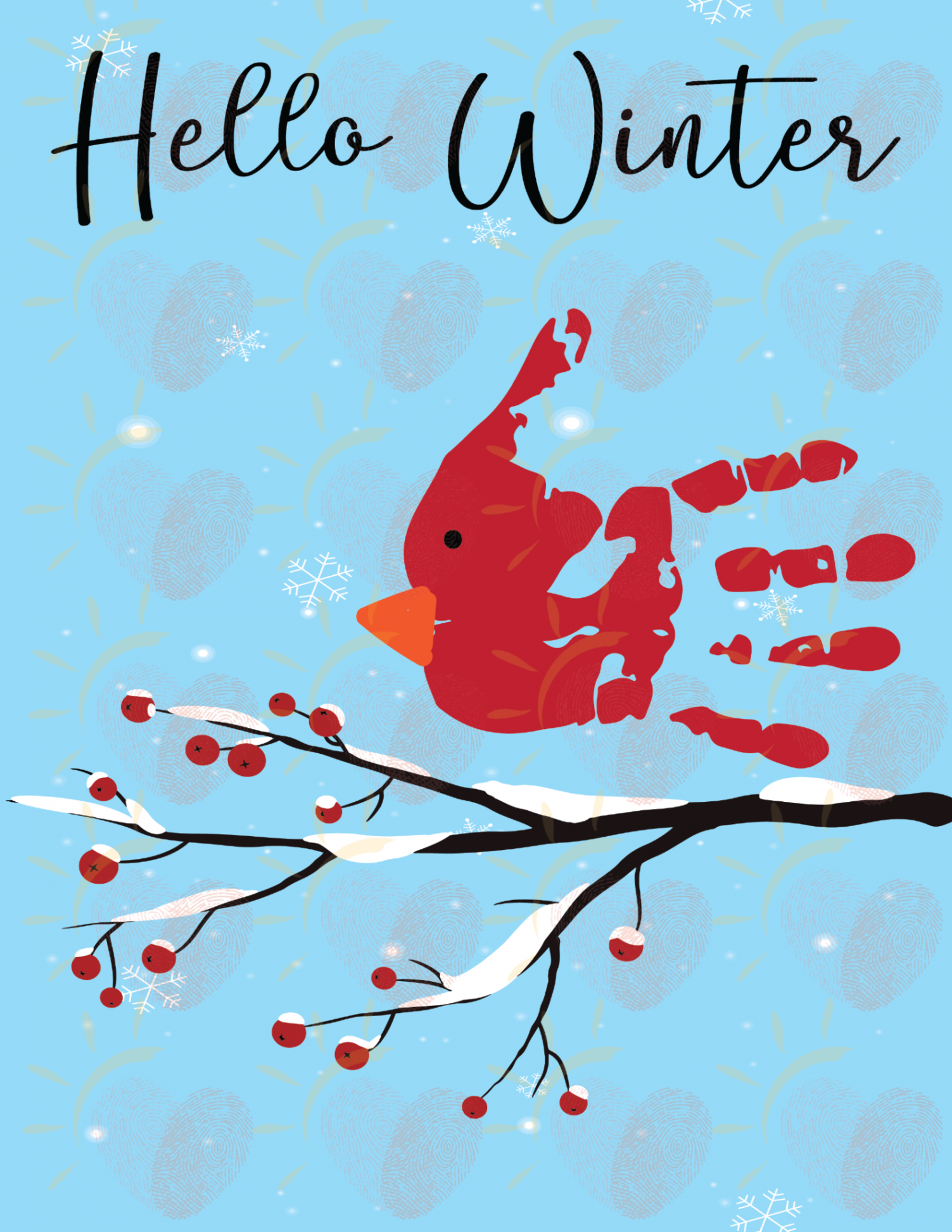 Hello Winter - Cardinal - Snow - tree - handprint Art - Keepsake - Printable