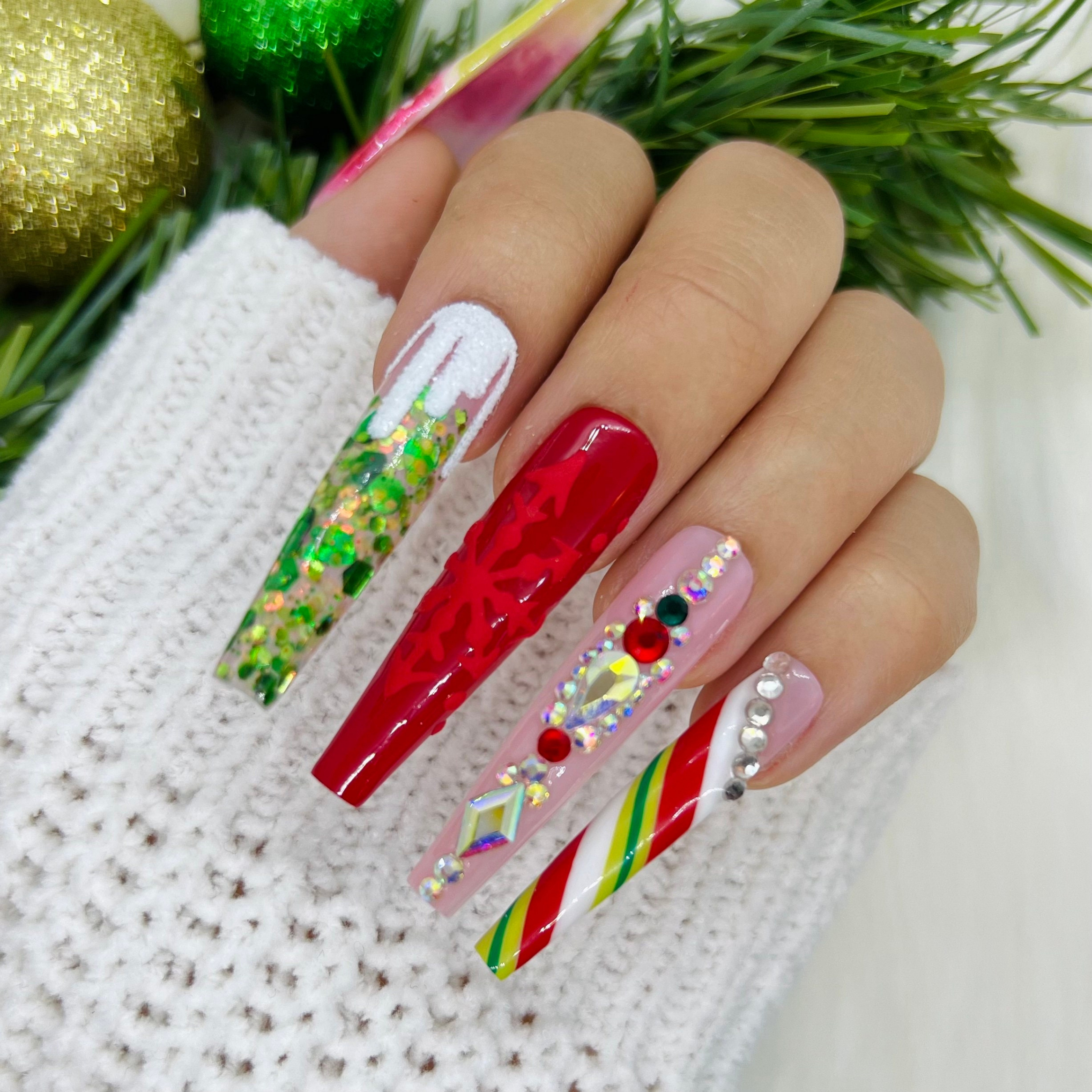 Holiday Press On Nails Glue On Nails Long Nails Stick On - Etsy