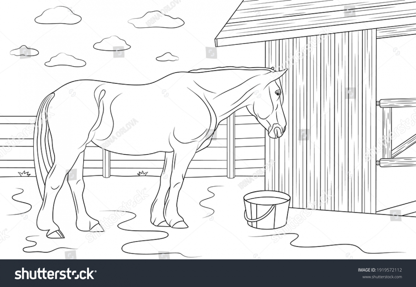 Horse Standing Near Stable Outdoors Illustration Stock Vector