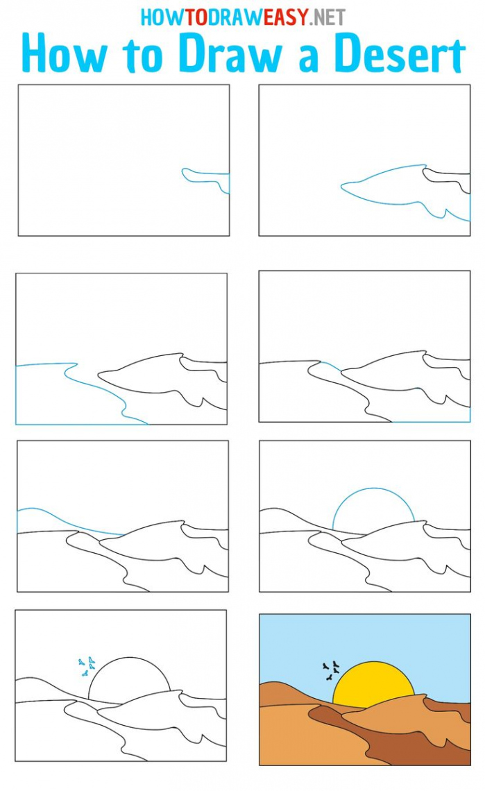 How to Draw a Desert Step by Step  Scenery drawing for kids, Easy