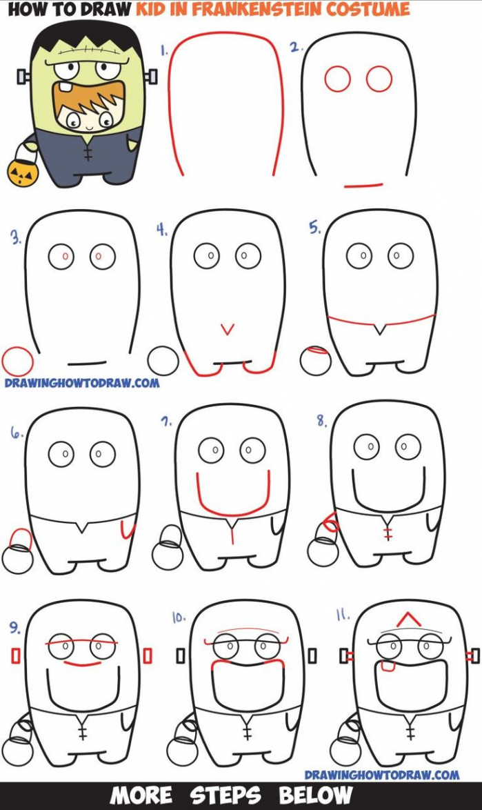 How to Draw a Kid in a Halloween Frankenstein Costume (Cute Kawaii