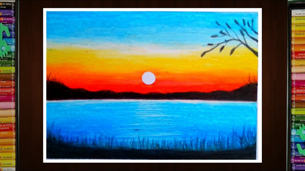 How to draw  Easy sunset scenary drawing for beginners with oil pastel   step by step