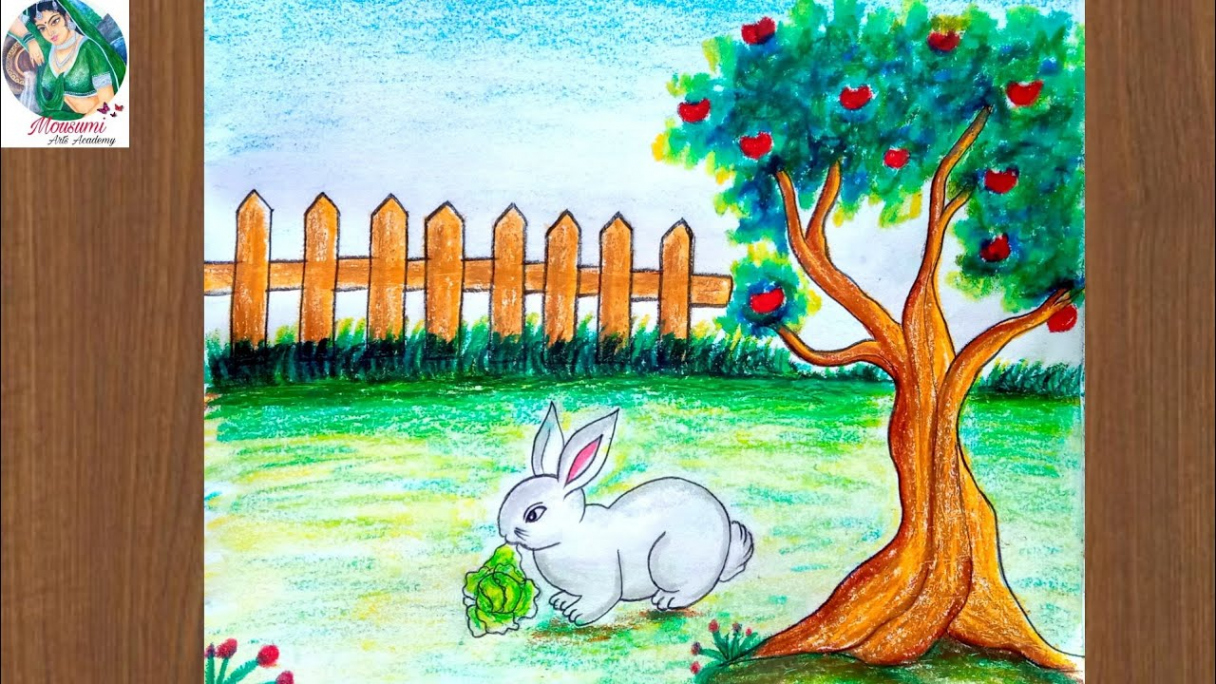 How to draw Rabbit scenery step by step //with oil pastel colour //Easy