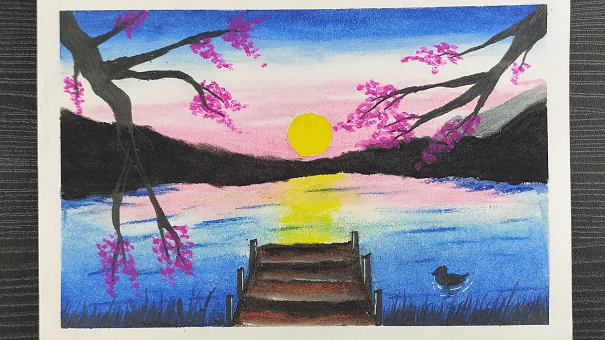 How To Paint A Sunset Over A Lake  Beautiful Sunset Scenery Drawing   Easy Oil Pastel Drawing