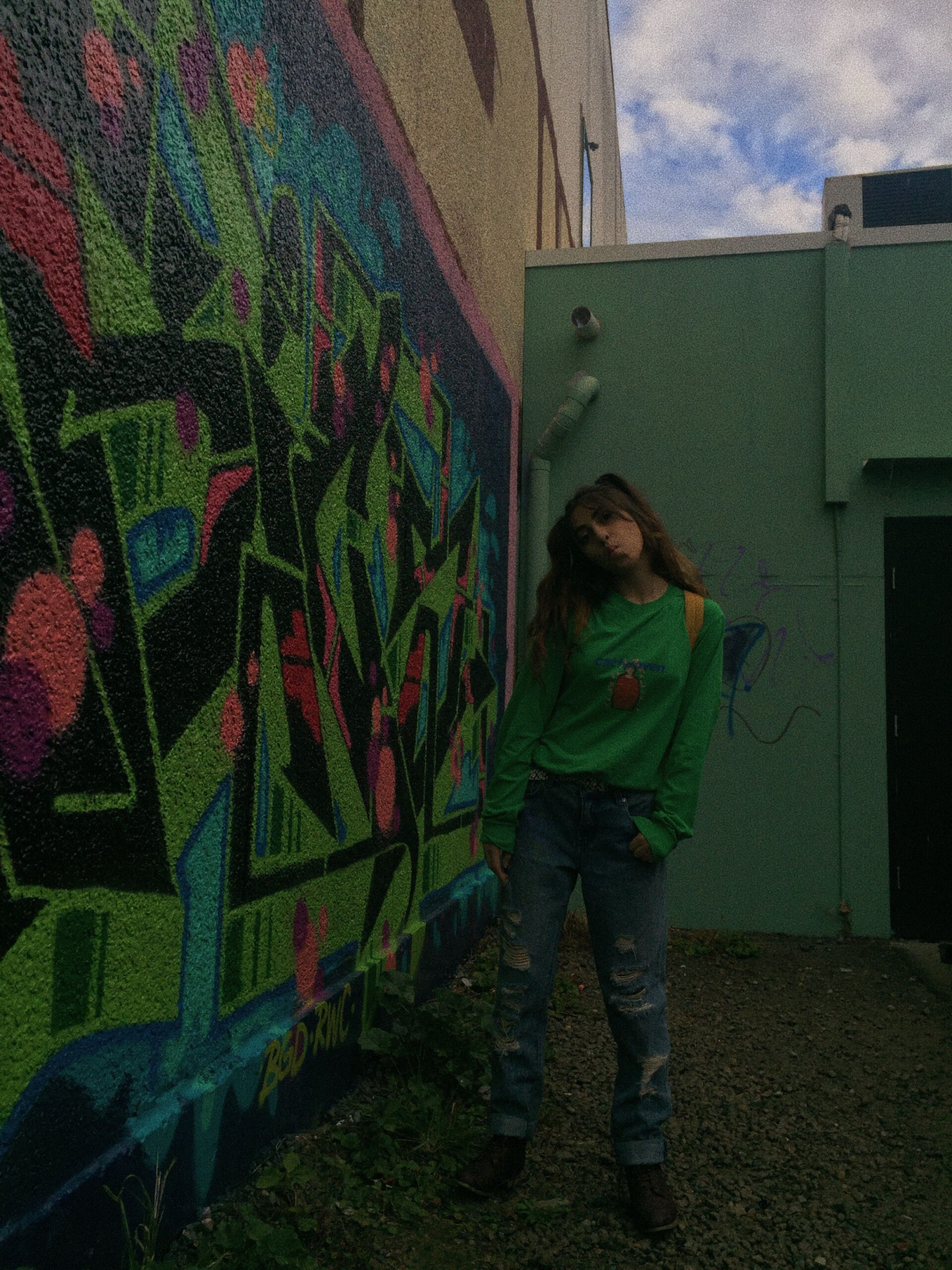 insta: @saraelyoughun  green graffiti wall with green outfit