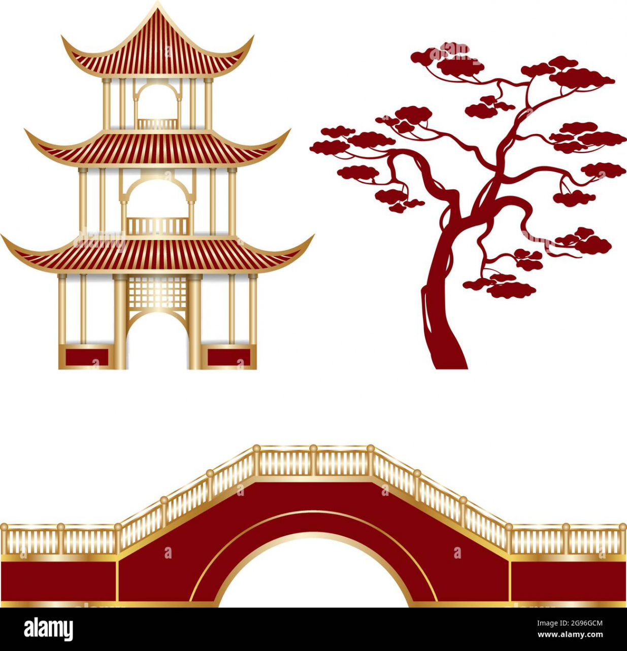 Isolated oriental landscape elements temple, tree and bridge