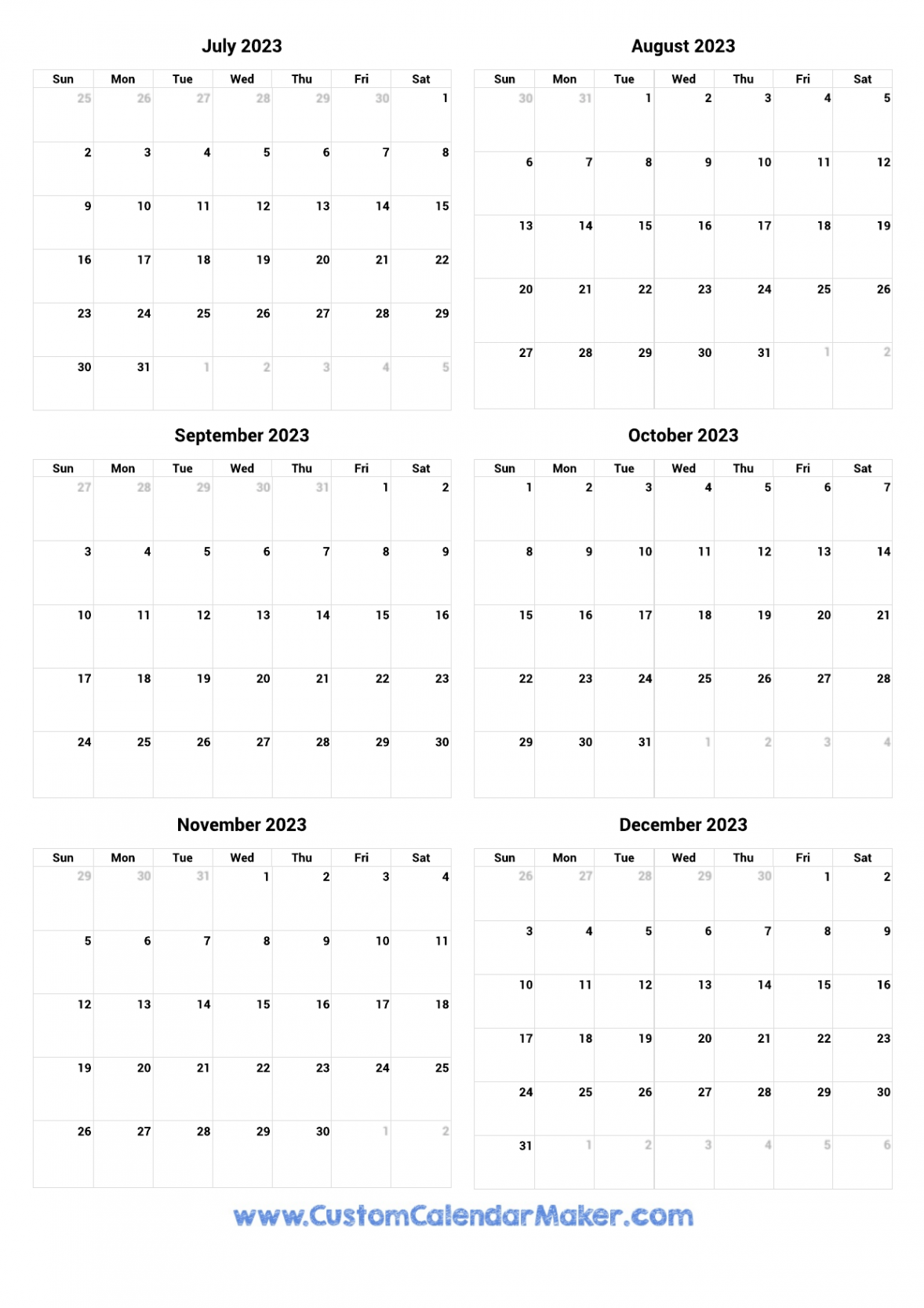 July to December  Printable Calendar