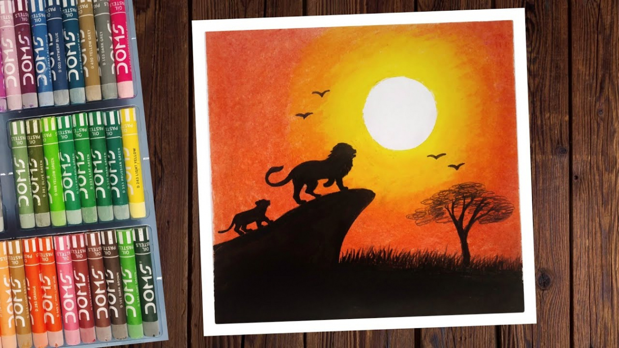 Jungle King Sunset Scenery Drawing for Beginners with Oil Pastels - step by  step