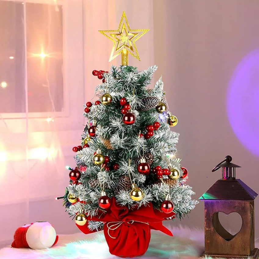 KAHEIGN Mini Christmas Tree  cm Artificial Table Christmas Tree with  Christmas Tree Baubles Red Gold Ball Decorations, Star Tree Topper for