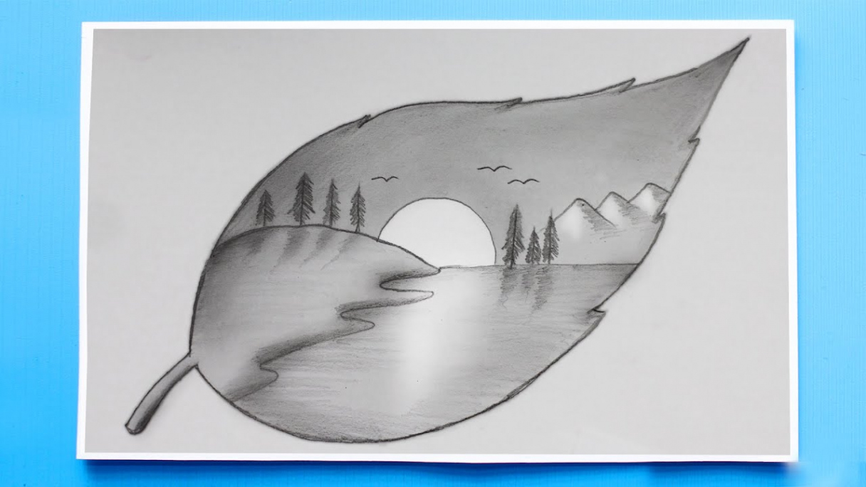 Landscape Drawing on a Leaf  How to Draw a simple Landscape - Creative  Drawing idea!