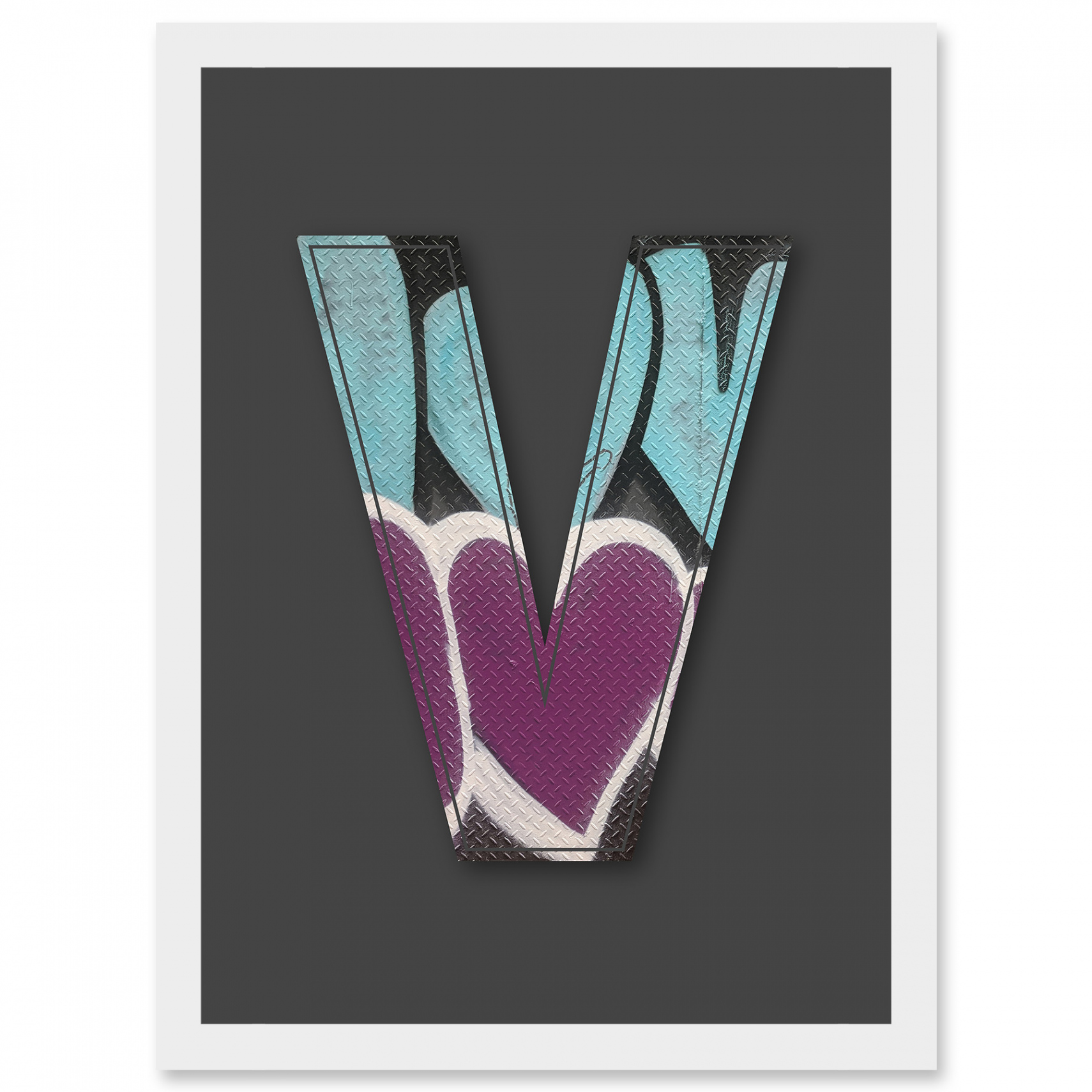 Letter V Love Metal Effect NYC Graffiti Alphabet Initial Framed A