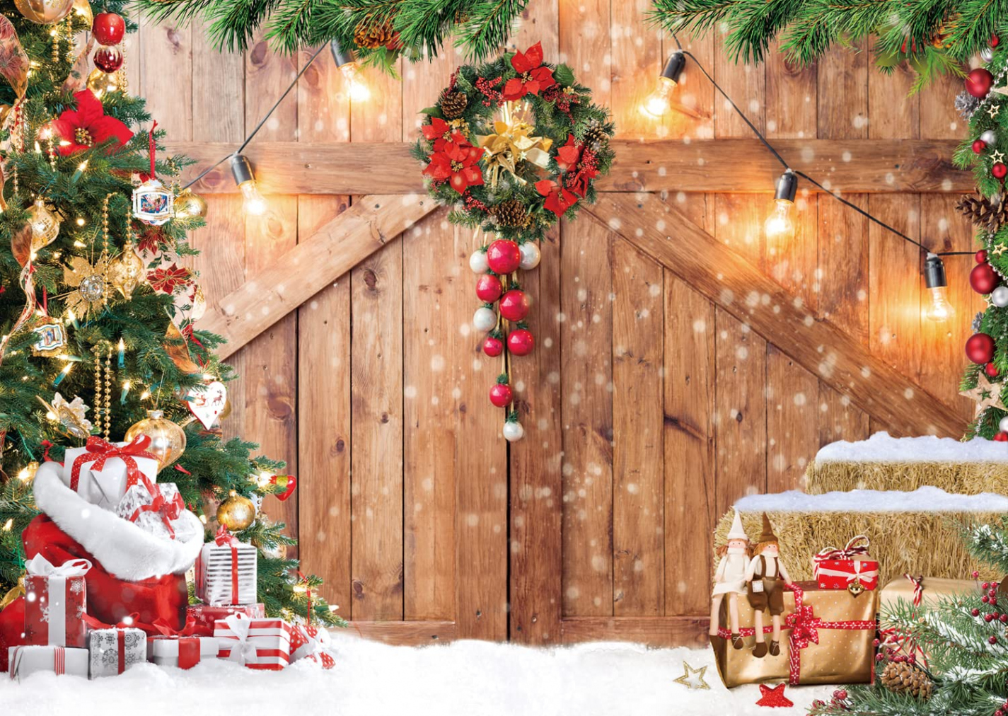 LTLYH xft Christmas Photography Background Christmas Barn Door Background  Christmas Barn Door Christmas Tree Snow Gift Wall Floor Party Photo