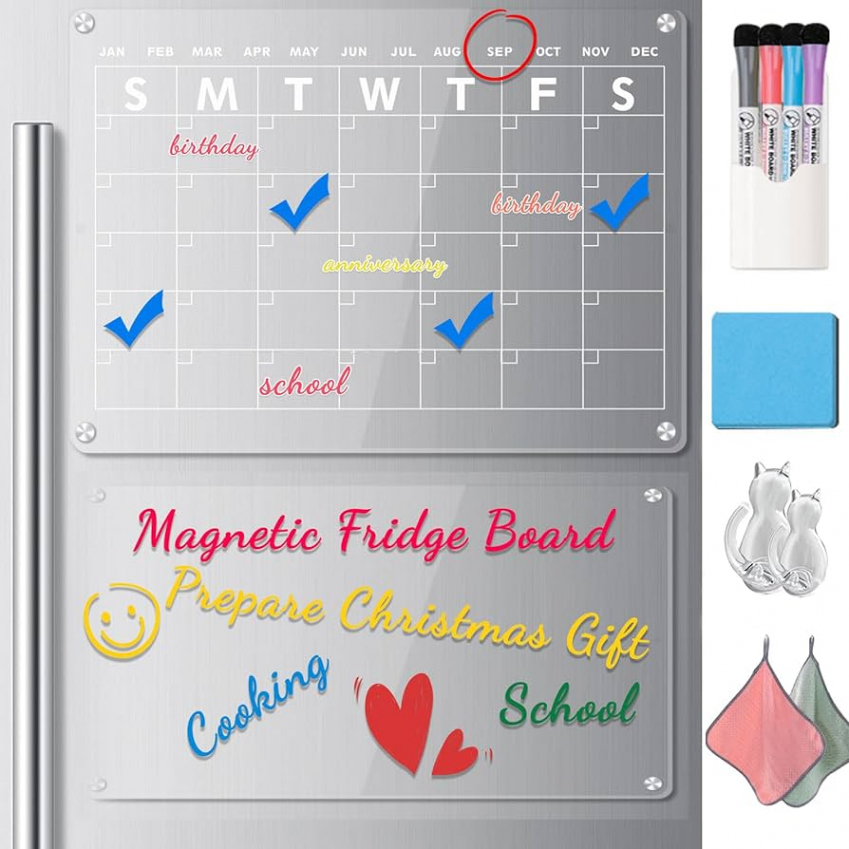 Magnetic Calendar and Memo Board Acrylic Dry Erase Message Board with   Markers,  Magnetic Pencil Box,  Eraser,  Hooks,  Cleaning Cloths  (Calendar