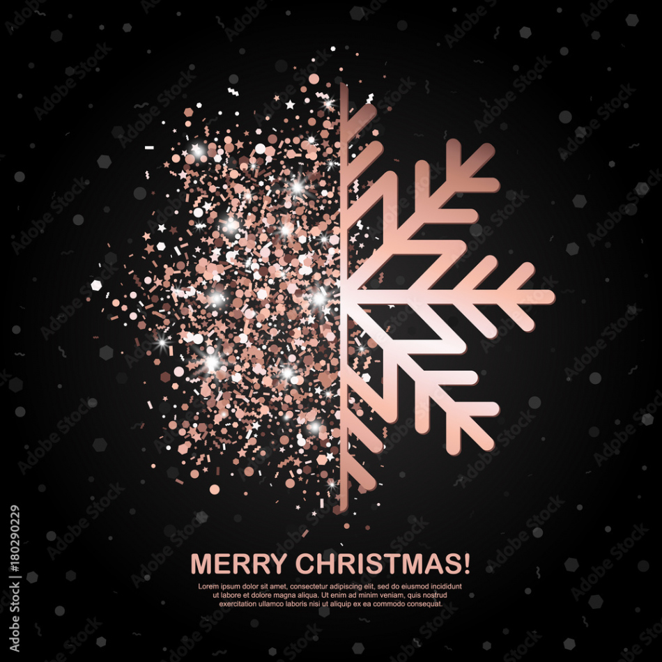 Merry Christmas banner with Rose Gold Glowing Snowflake on black