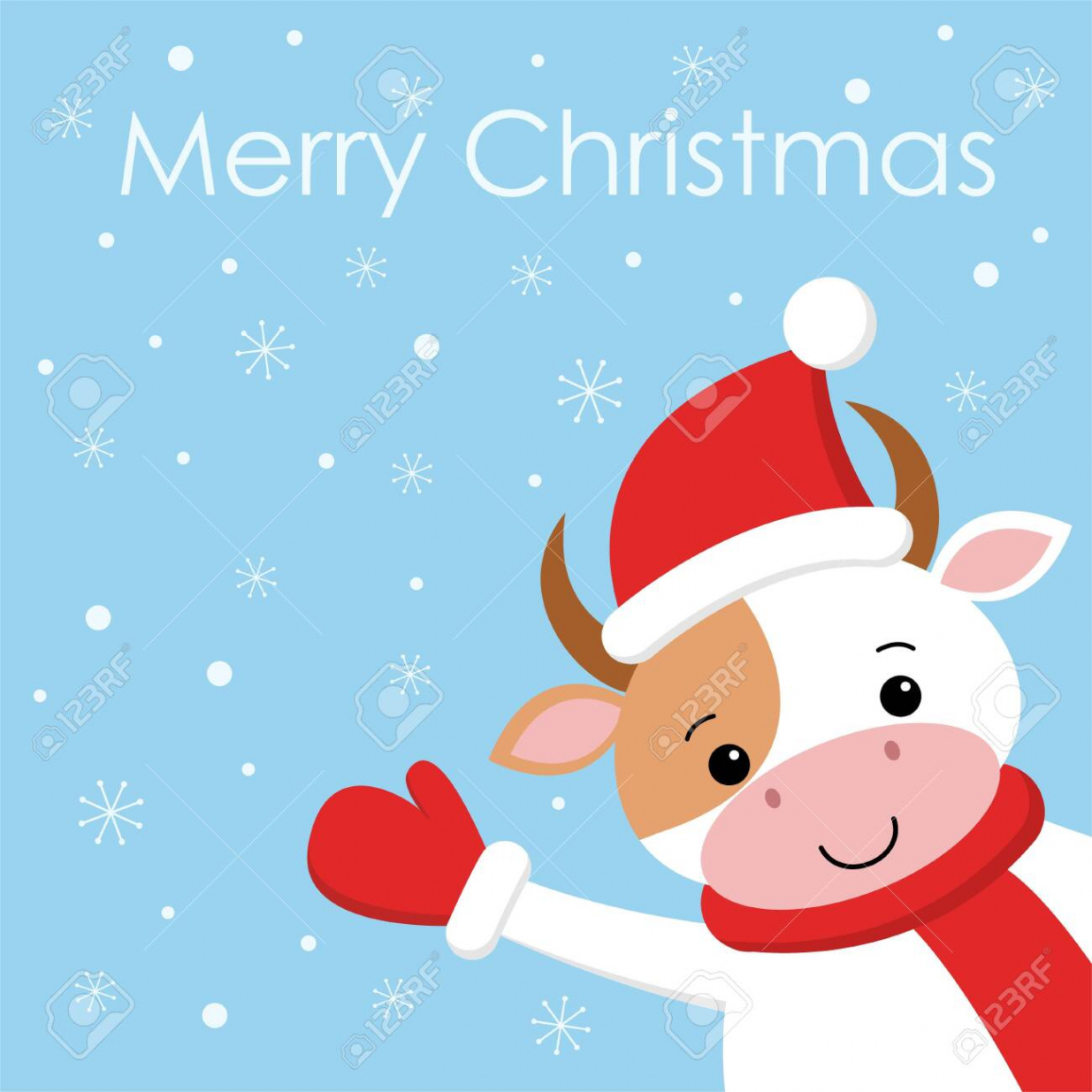 Merry Christmas Funny Cute Cow On Background Snow