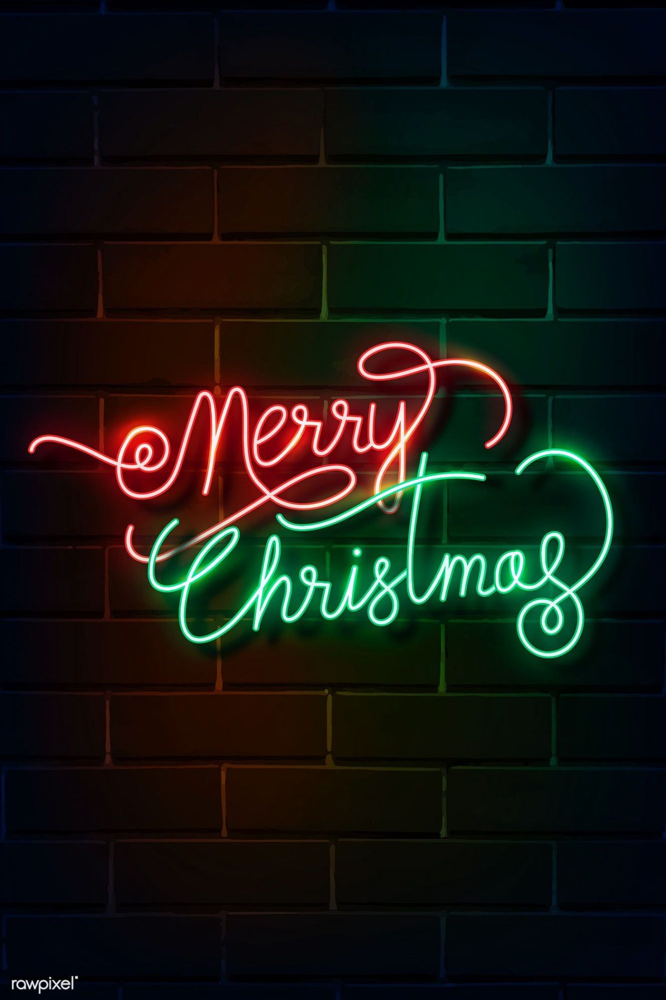 Merry Christmas neon sign on a dark brick wall vector  premium