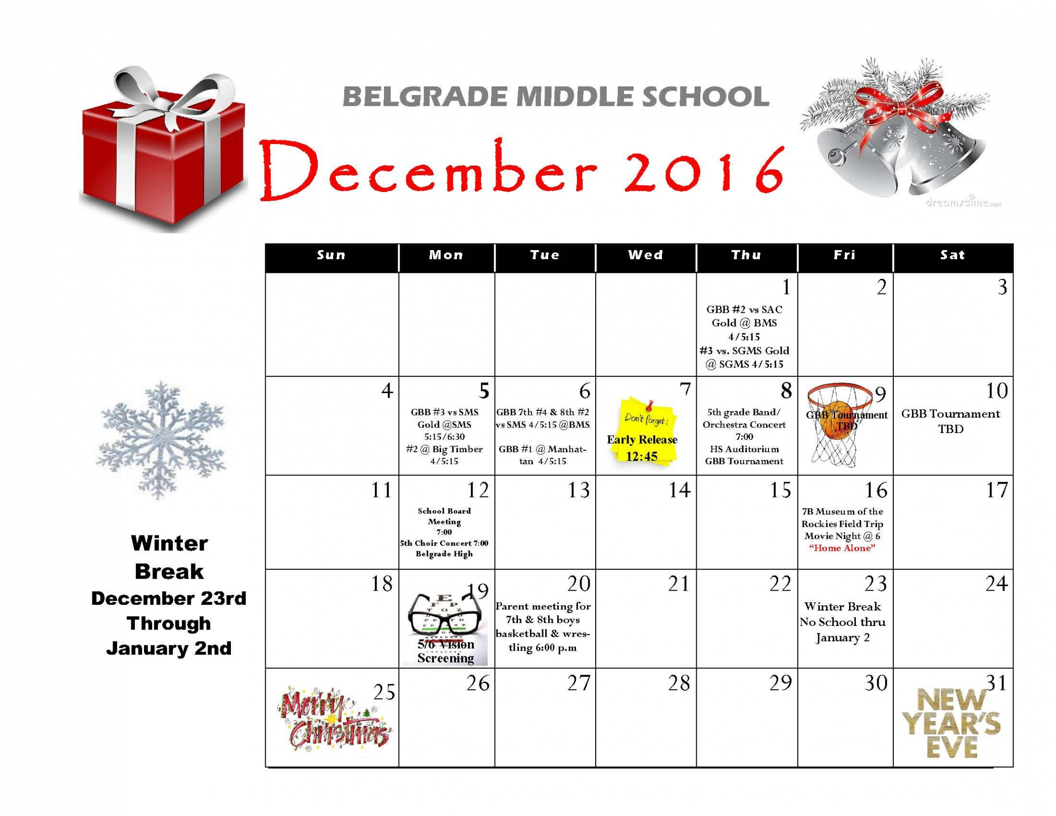 Middle School December Calendar  Middle school, December calendar