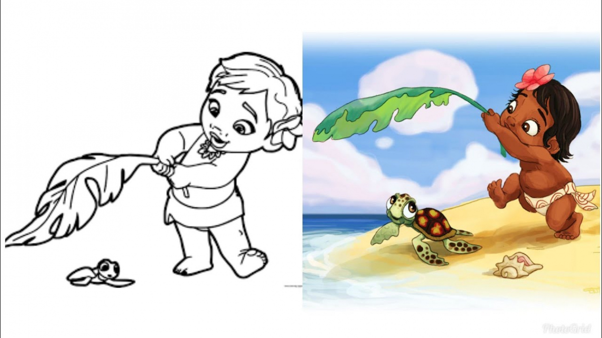 Moana with the turtle  Drawing and coloring for kids