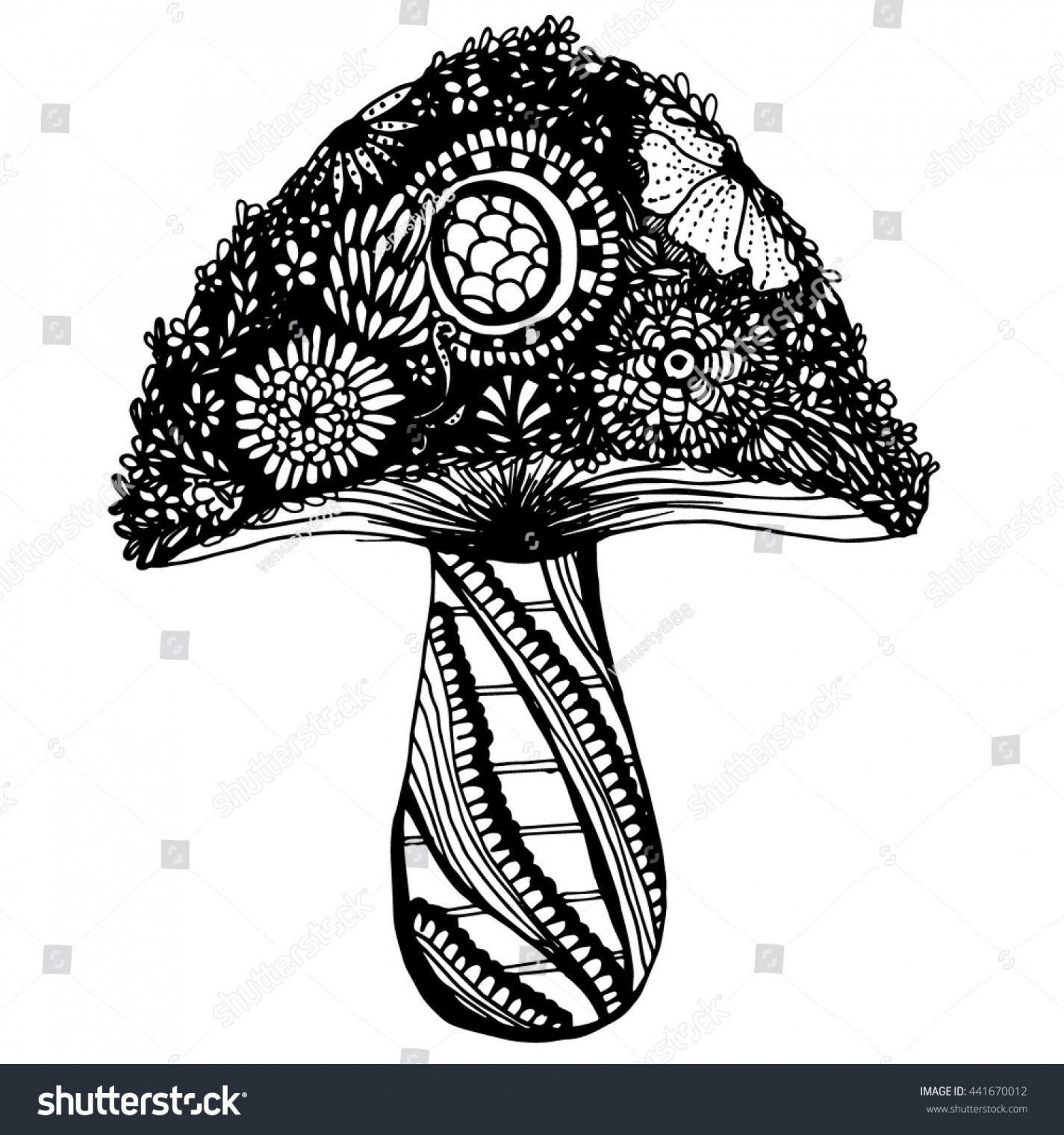 Mushroom Hand Drawing Zen Tangle Elements Stock Vector (Royalty