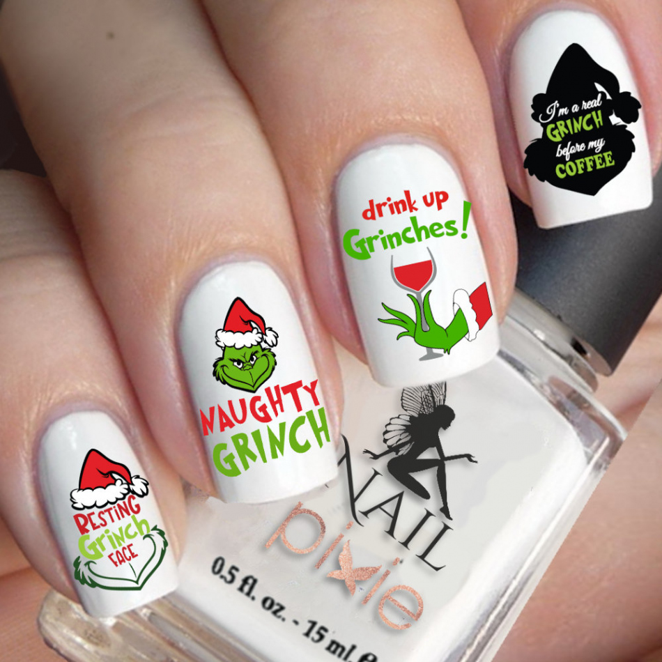 NAUGHTY GRINCH Weihnachten Nagel Aufkleber Kunst Wasser Slider Sticker  Transfer Xmas