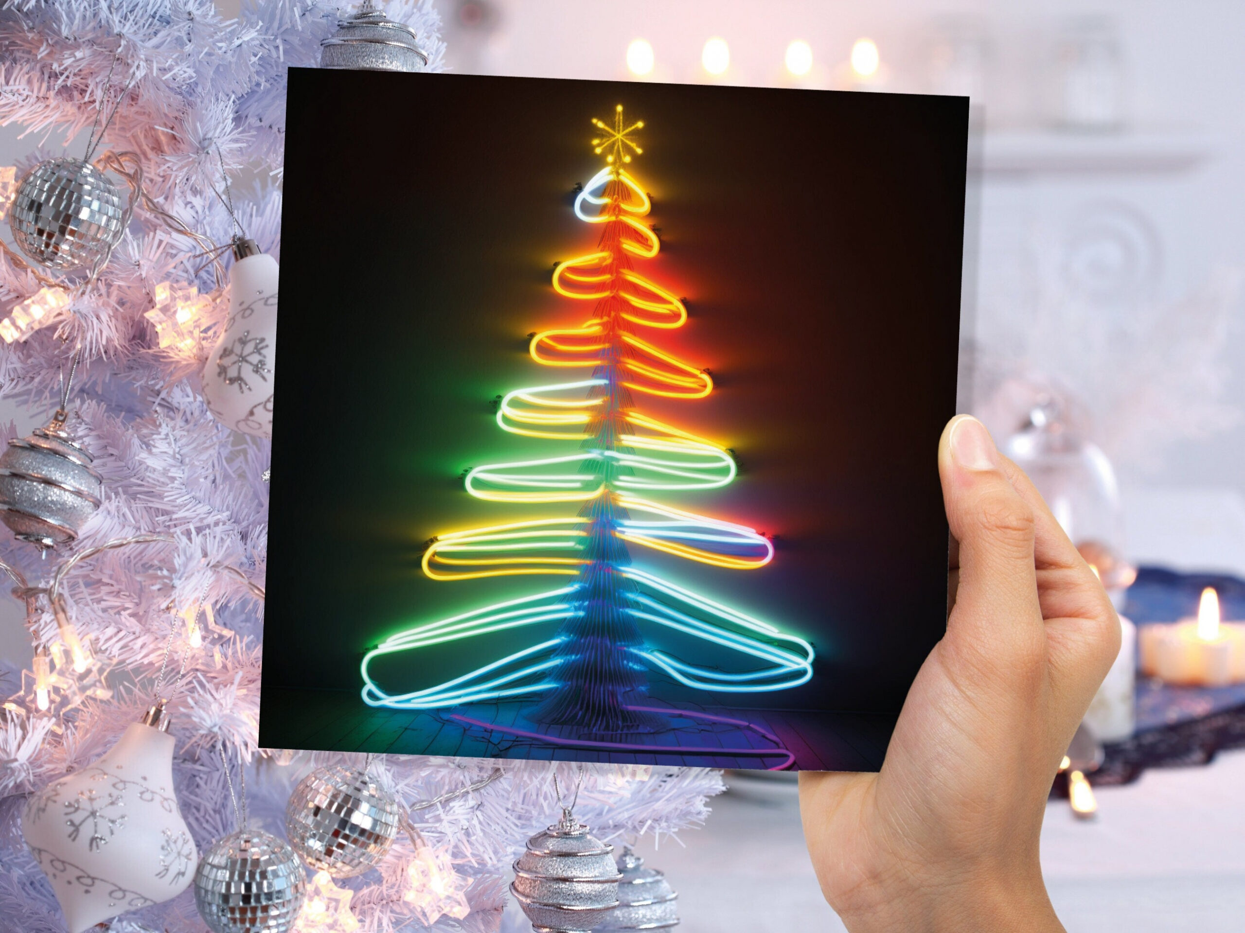 Neon Christmas Card Glowing Tree Lights Tube Lighting YK s Bright  Colours Colourful Colours Unique Fun Cards For Family Friends Xmas 03