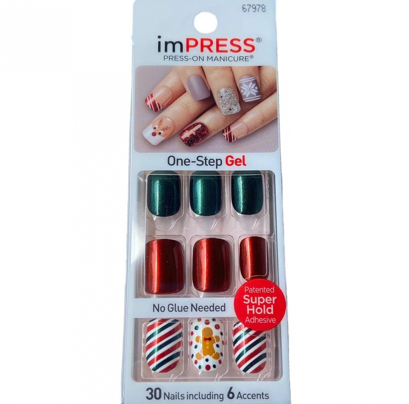 NEU Kiss Nails Impress Press On Maniküre kurzes Gel rot Lebkuchen  Weihnachten