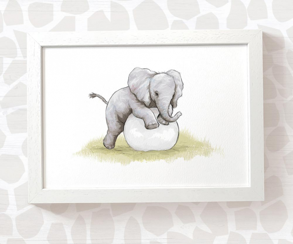 New Baby Gift Elephant with Ball Print Safari Nursery Decor Wall