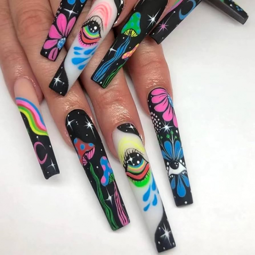 NICENEEDED Graffiti Press On Nails Lang, Augen-Mond-Stern-Falsche Nägel Mit  Regenbogen,  x Schwarze Full-Cover-Acrylnägel Mit Nagelkleber-Aufklebern