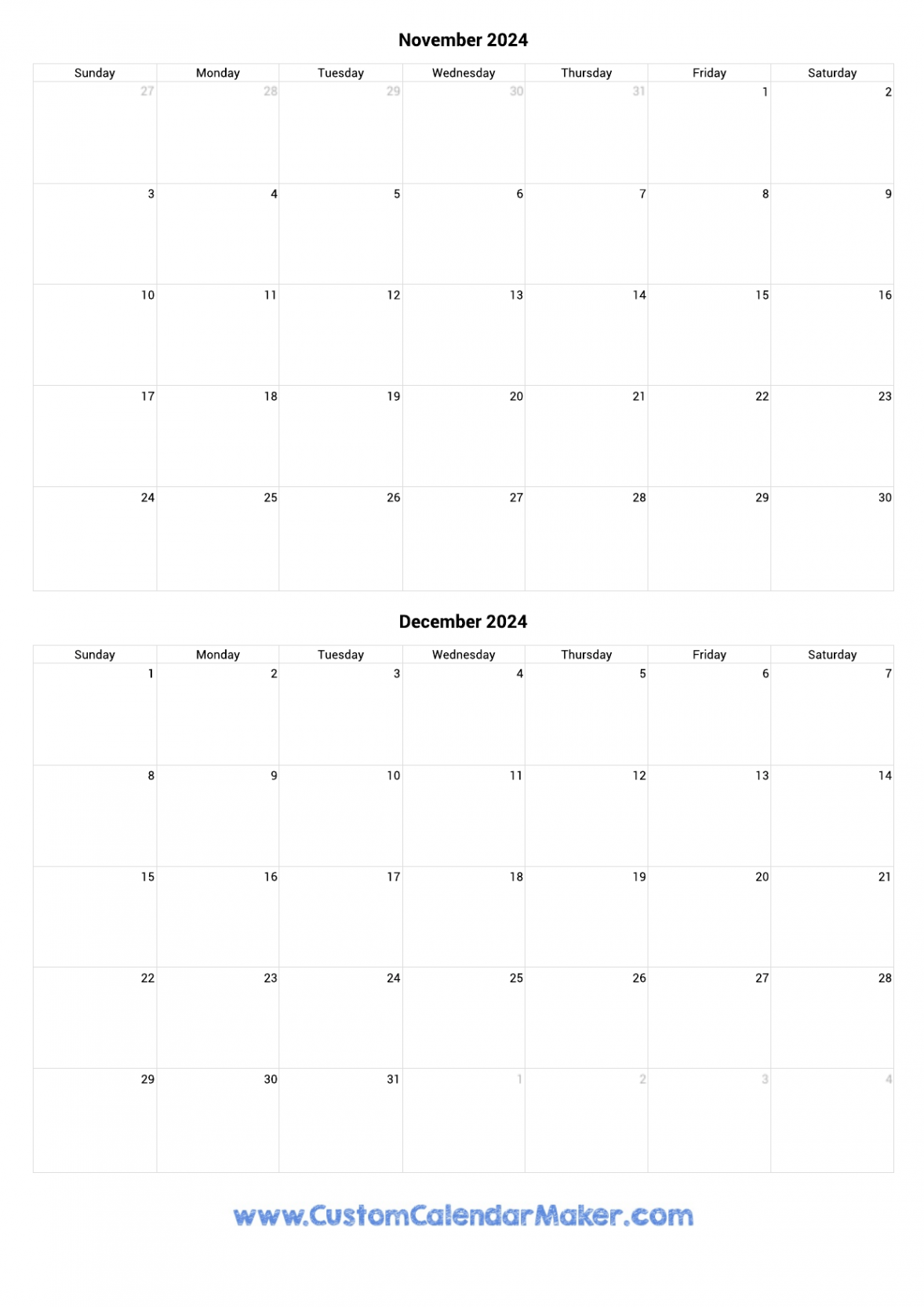 November and December  Printable Calendar Template