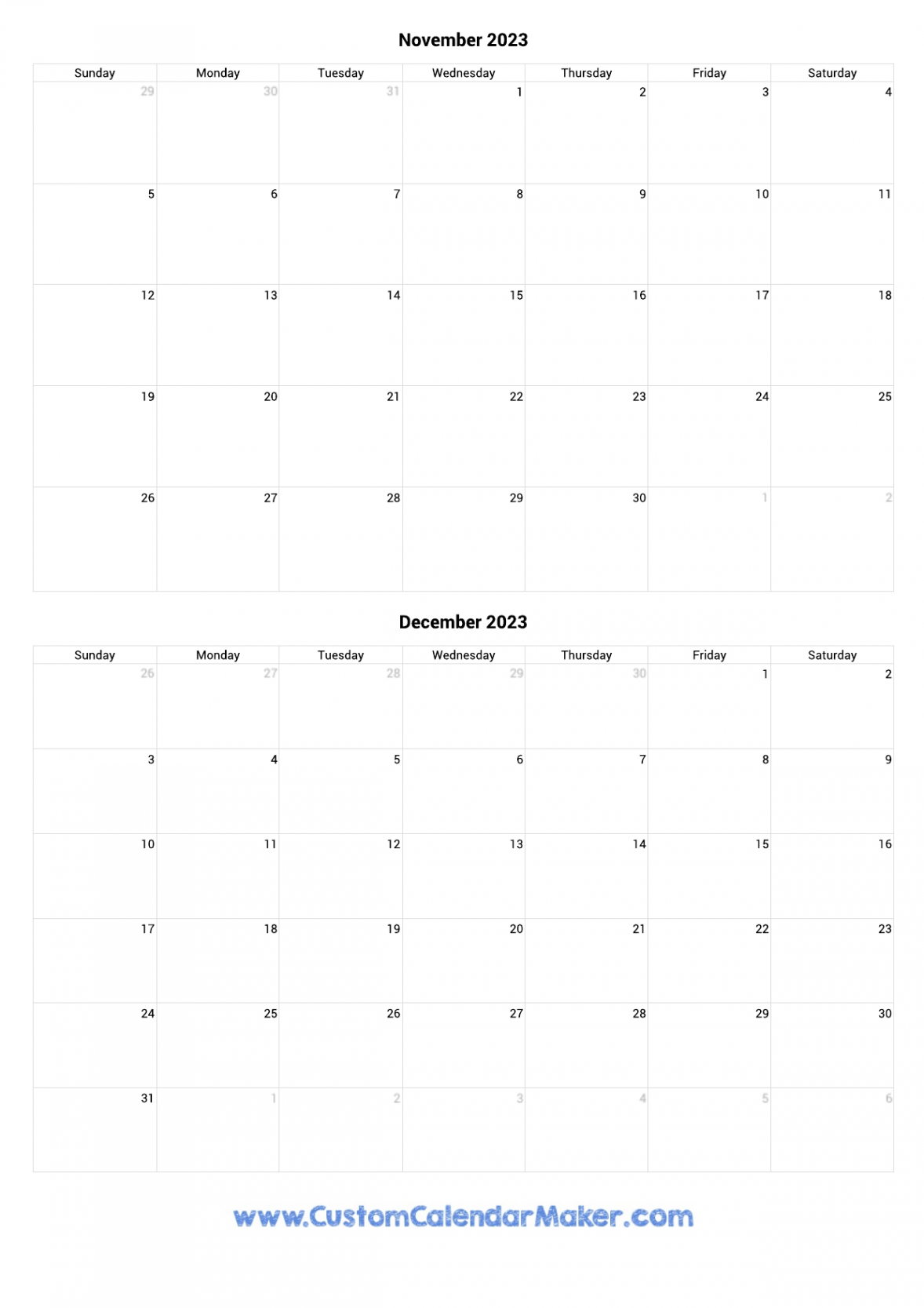 November and December  Printable Calendar Template