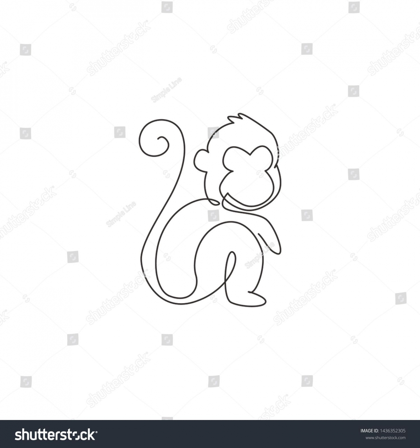 One continuous line drawing of cute sitting monkey for