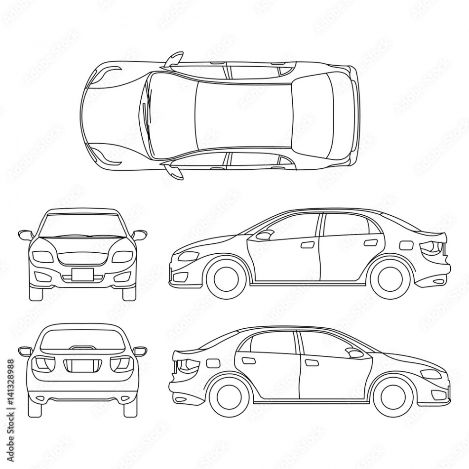 Outline sedan car vector drawing in different point of view Stock