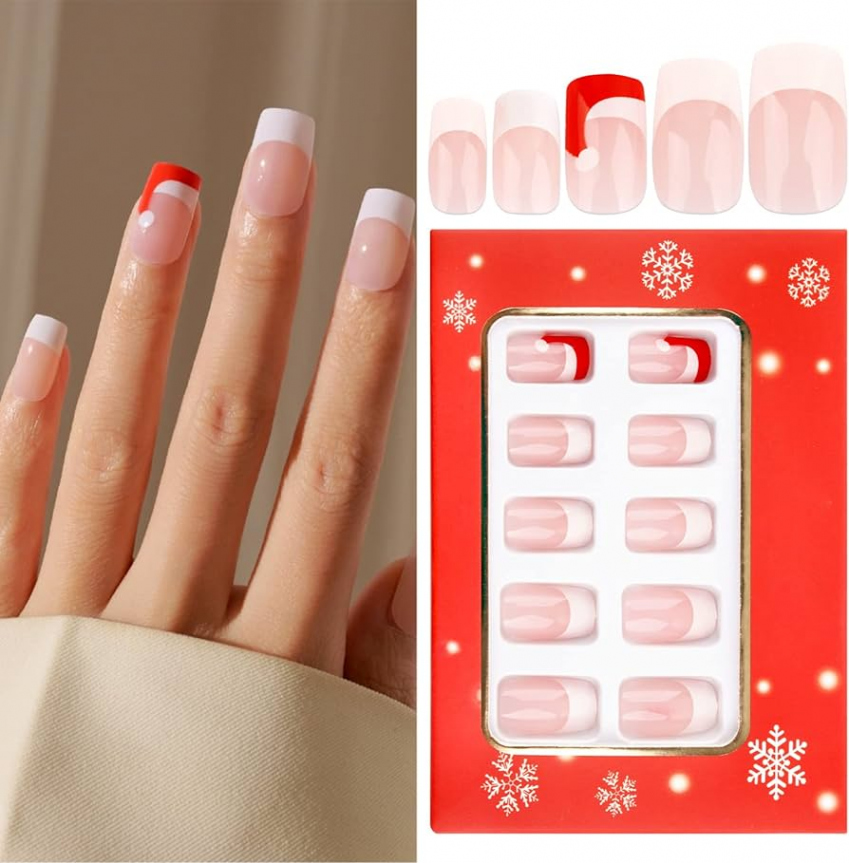 Pack of  Christmas Nails for Stickers, French Lace Artificial Nails,  Christmas Hat, False Nails, French Square Winter Gifts (White)