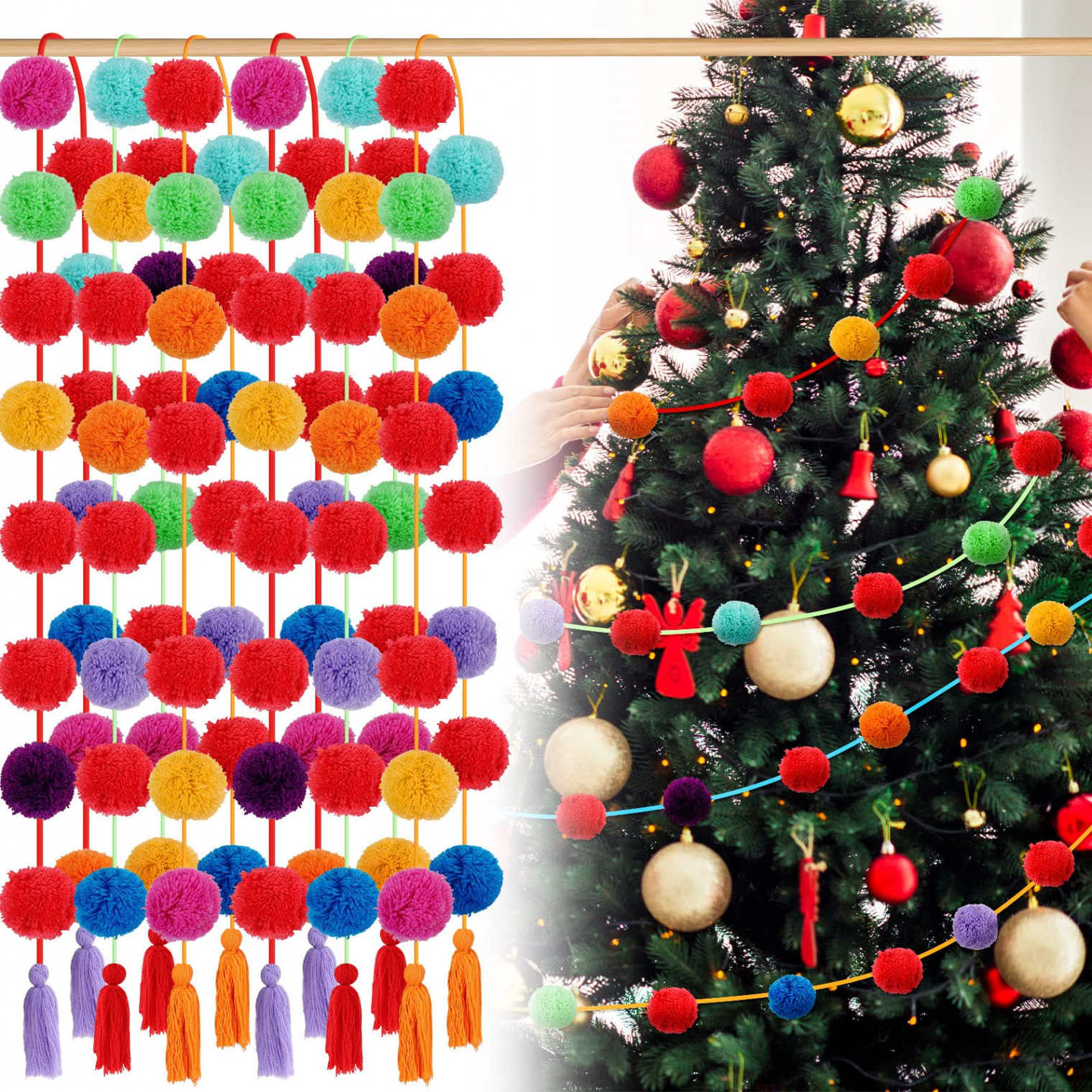 Pack of  Pom Pom Garland, Christmas Hanging Garland, Colourful Pom Pom  Tree Garland, Wool Ball Garland, Christmas Tree Decoration for Wall, Room,